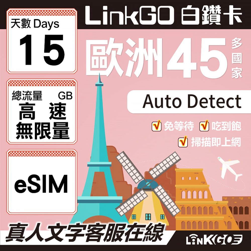 05060015-【LINKGO】白鑽卡 歐洲45國 eSIM卡 15天上網卡 高速流量吃到飽不降速 (歐洲網卡 西班牙 德國 奧地利 英