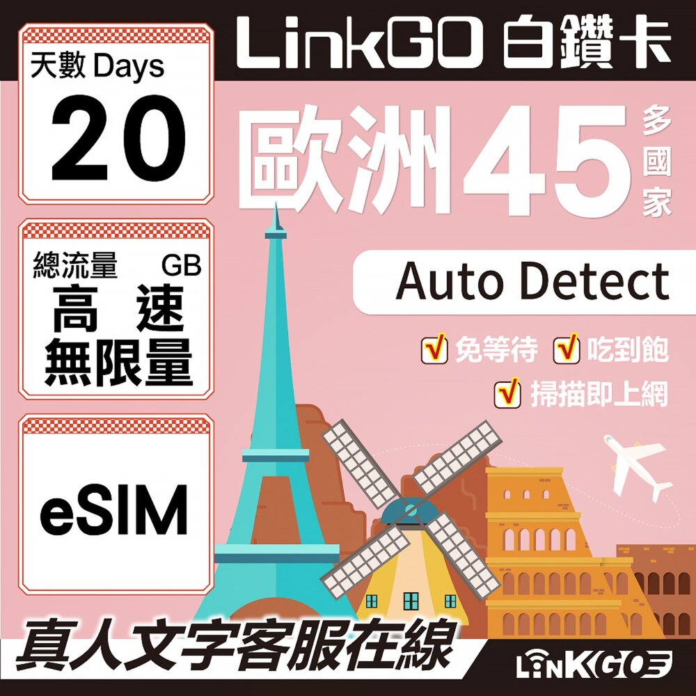 05060020-【LINKGO】白鑽卡 歐洲45國 eSIM卡 20天上網卡 高速流量吃到飽不降速 (歐洲網卡 西班牙 德國 奧地利 英