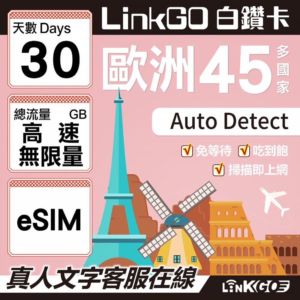 05060030-【LINKGO】白鑽卡 歐洲45國 eSIM卡 30天上網卡 高速流量吃到飽不降速 (歐洲網卡 西班牙 德國 奧地利 英