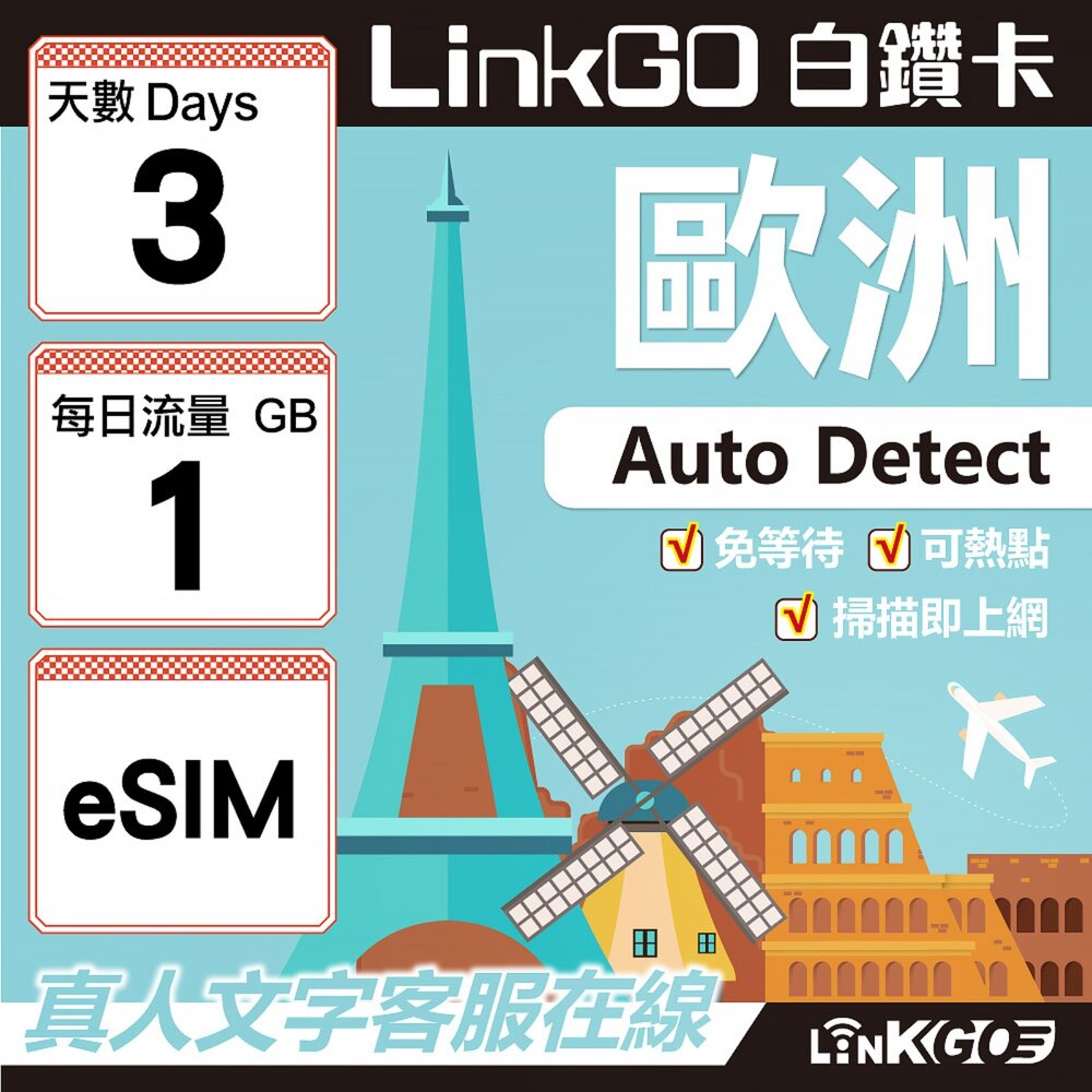 11140003-【LINKGO】白鑽卡 歐洲 BICS eSIM卡 3天上網卡 每日1GB (歐洲網卡 西班牙 德國 奧地利 英國)