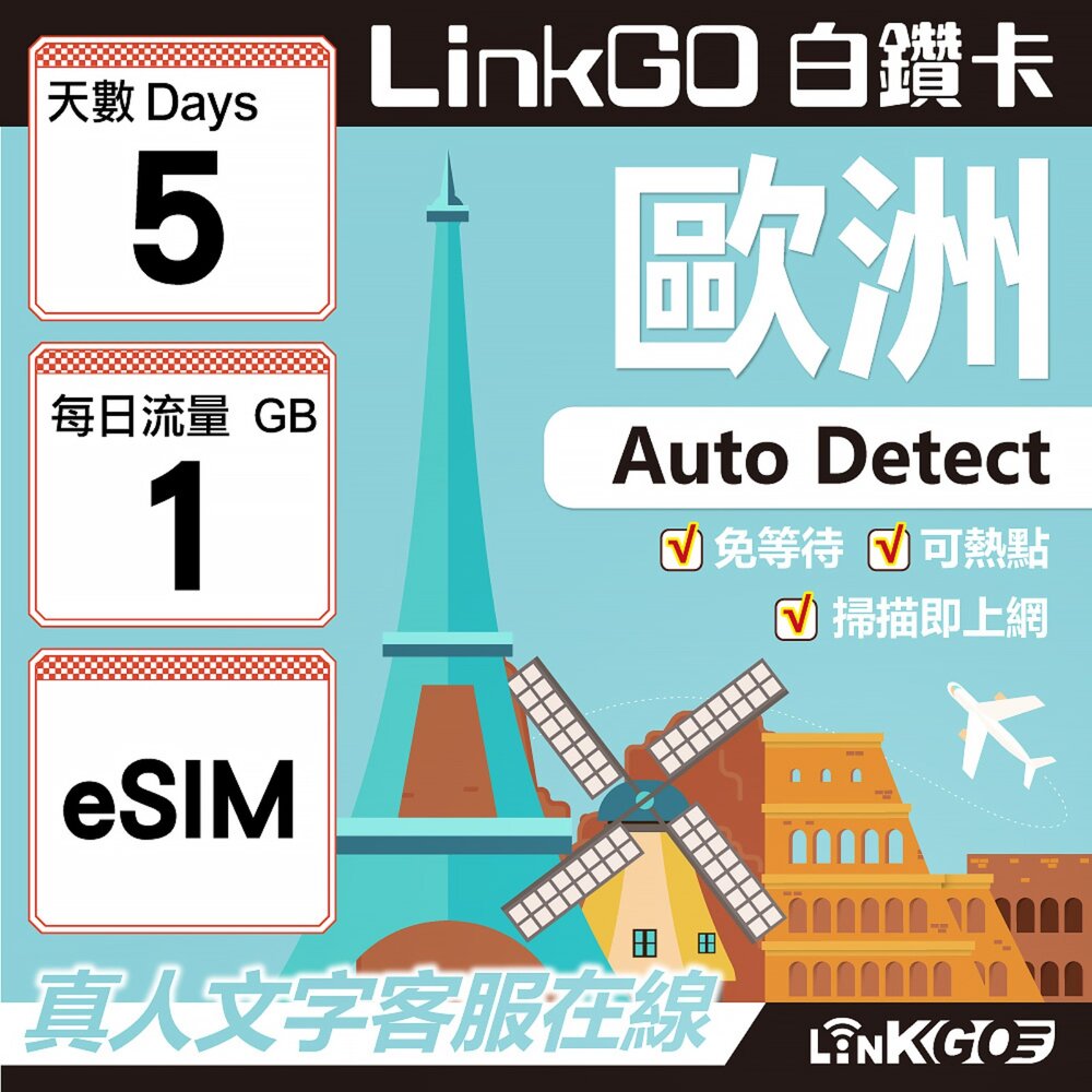 11140005-【LINKGO】白鑽卡 歐洲 BICS eSIM卡 5天上網卡 每日1GB (歐洲網卡 西班牙 德國 奧地利 英國)