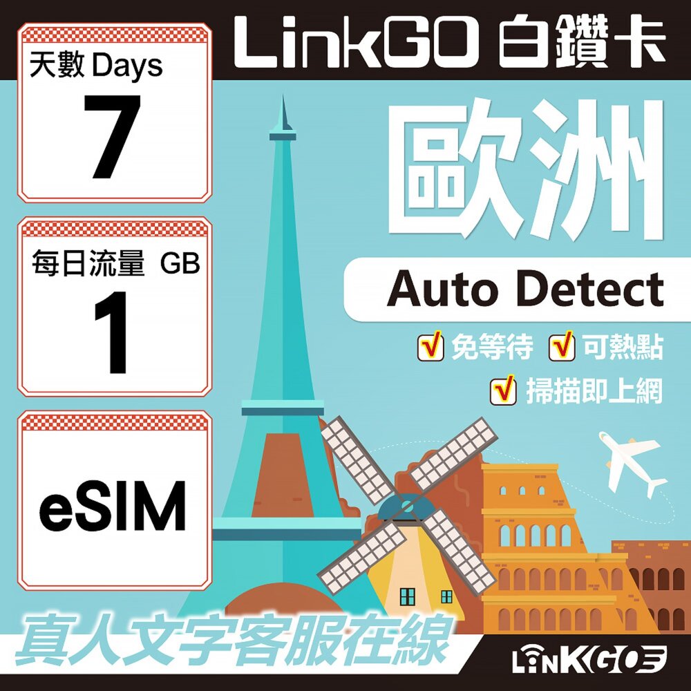 11140007-【LINKGO】白鑽卡 歐洲 BICS eSIM卡 7天上網卡 每日1GB (歐洲網卡 西班牙 德國 奧地利 英國)