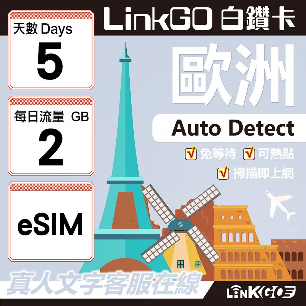 11150005-【LINKGO】白鑽卡 歐洲 BICS eSIM卡 5天上網卡 每日2GB (歐洲網卡 西班牙 德國 奧地利 英國)