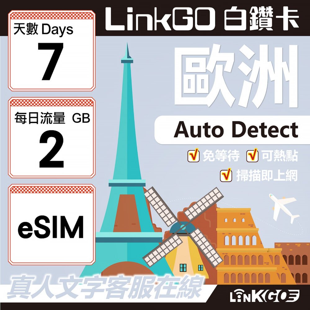 11150007-【LINKGO】白鑽卡 歐洲 BICS eSIM卡 7天上網卡 每日2GB (歐洲網卡 西班牙 德國 奧地利 英國)