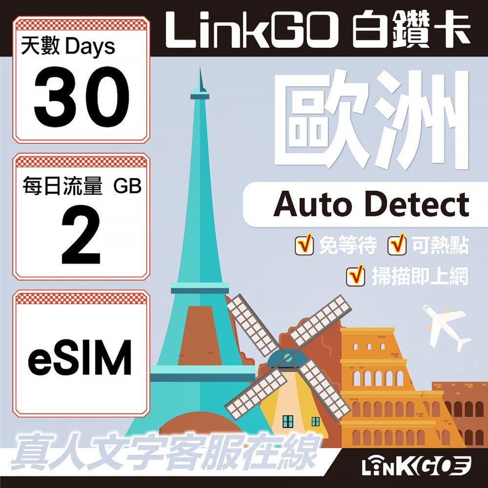 11150030-【LINKGO】白鑽卡 歐洲 BICS eSIM卡 30天上網卡 每日2GB (歐洲網卡 西班牙 德國 奧地利 英國)