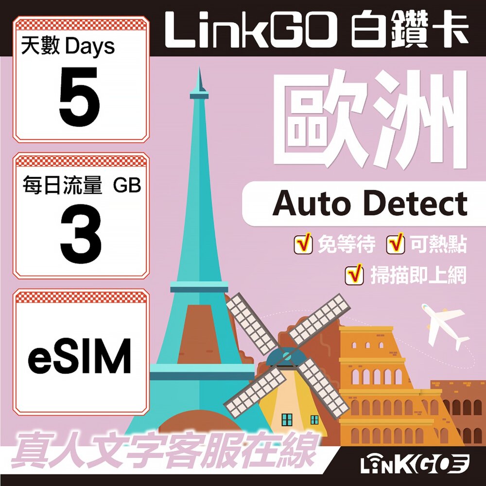 11160005-【LINKGO】白鑽卡 歐洲 BICS eSIM卡 5天上網卡 每日3GB (歐洲網卡 西班牙 德國 奧地利 英國)