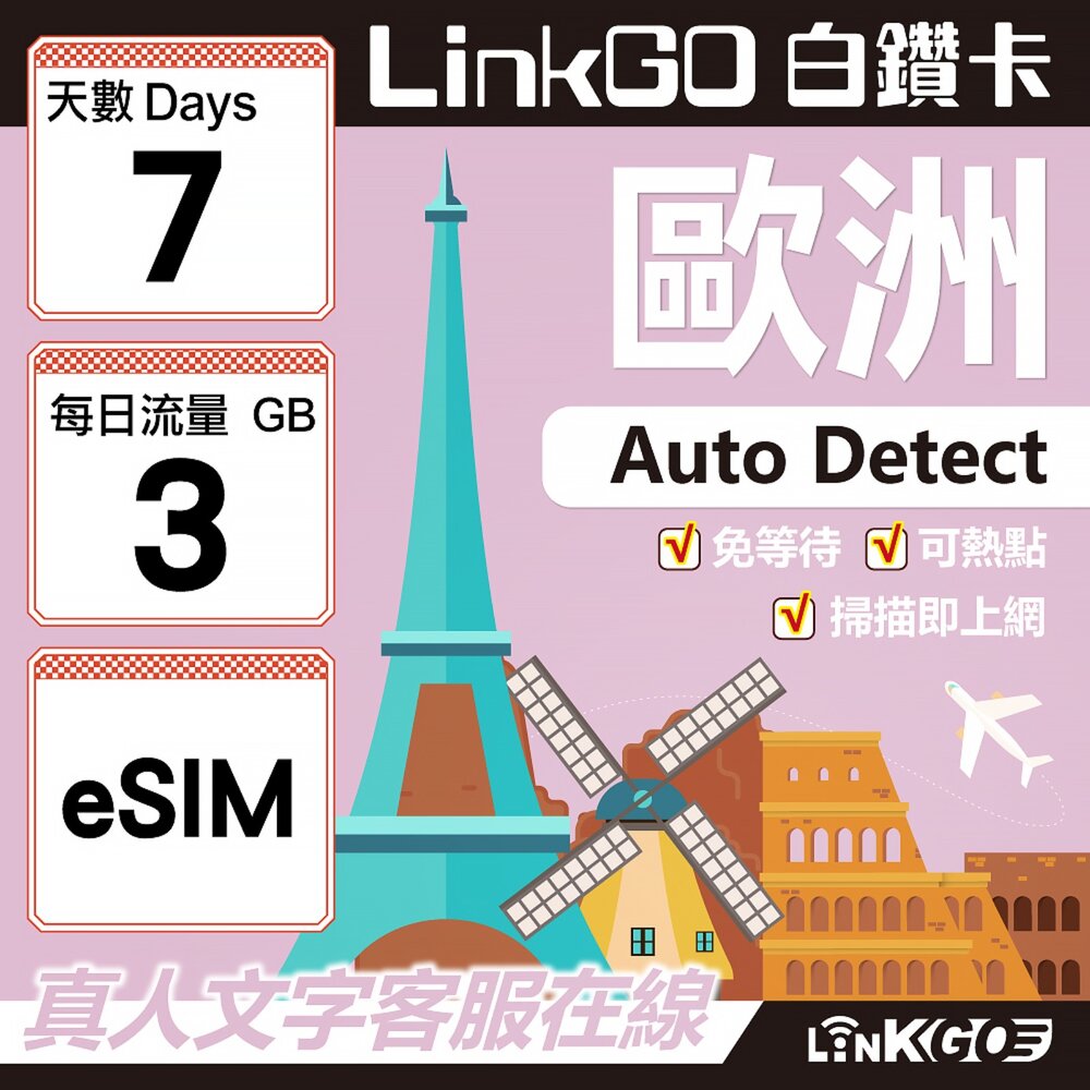 11160007-【LINKGO】白鑽卡 歐洲 BICS eSIM卡 7天上網卡 每日3GB (歐洲網卡 西班牙 德國 奧地利 英國)