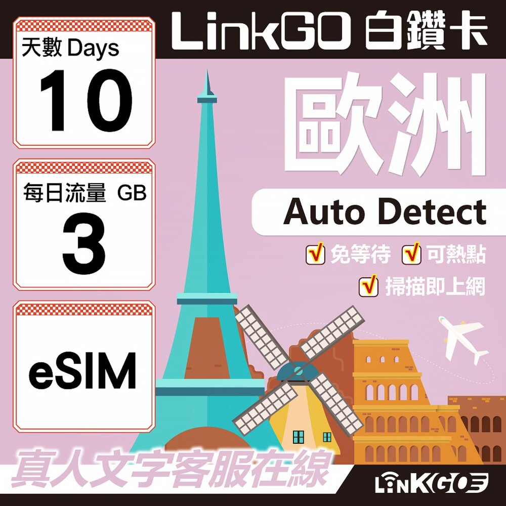 11160010-【LINKGO】白鑽卡 歐洲 BICS eSIM卡 10天上網卡 每日3GB (歐洲網卡 西班牙 德國 奧地利 英國)
