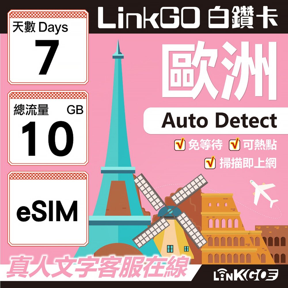 11170007-【LINKGO】白鑽卡 歐洲 BICS eSIM卡 7天上網卡 總流量10GB (歐洲網卡 西班牙 德國 奧地利 英國)