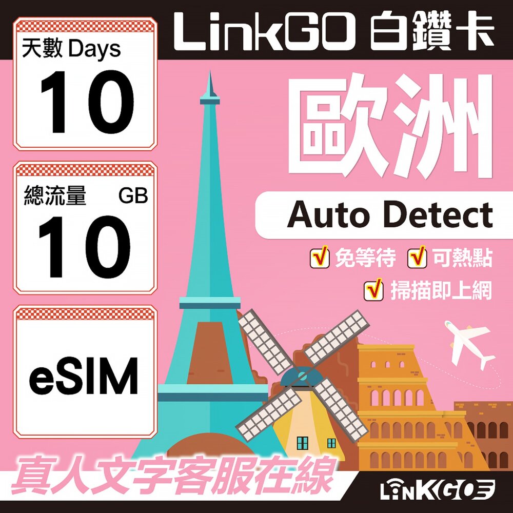 11170010-【LINKGO】白鑽卡 歐洲 BICS eSIM卡 10天上網卡 總流量10GB (歐洲網卡 西班牙 德國 奧地利 英國