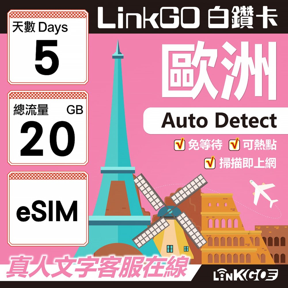 11180005-【LINKGO】白鑽卡 歐洲 BICS eSIM卡 5天上網卡 總流量20GB (歐洲網卡 西班牙 德國 奧地利 英國)
