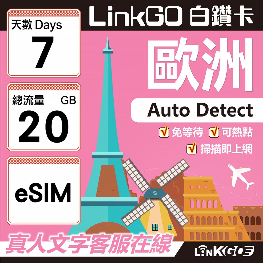 11180007-【LINKGO】白鑽卡 歐洲 BICS eSIM卡 7天上網卡 總流量20GB (歐洲網卡 西班牙 德國 奧地利 英國)