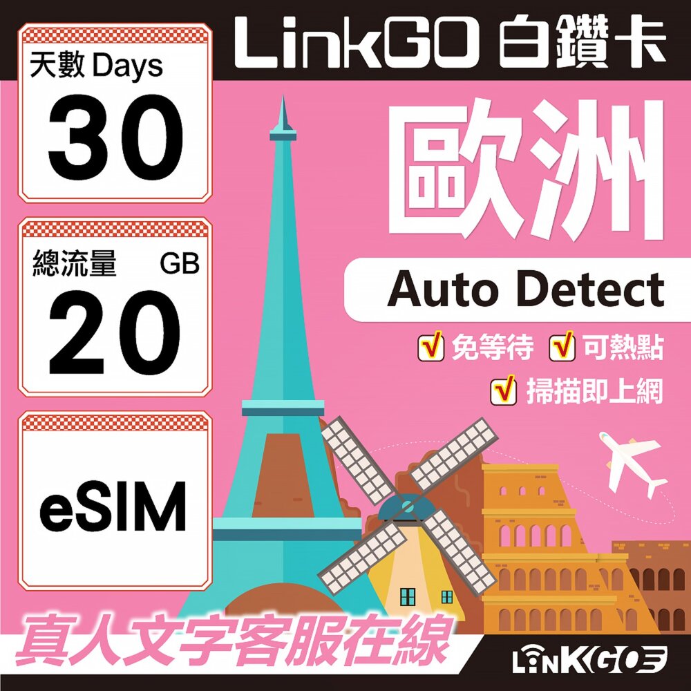 11180030-【LINKGO】白鑽卡 歐洲 BICS eSIM卡 30上網卡 總流量20GB (歐洲網卡 西班牙 德國 奧地利 英國)