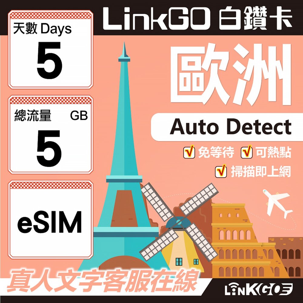 11190005-【LINKGO】白鑽卡 歐洲 BICS eSIM卡 5天上網卡 總流量5GB (歐洲網卡 西班牙 德國 奧地利 英國)