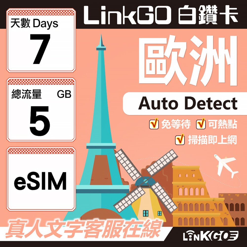 11190007-【LINKGO】白鑽卡 歐洲 BICS eSIM卡 7天上網卡 總流量5GB (歐洲網卡 西班牙 德國 奧地利 英國)