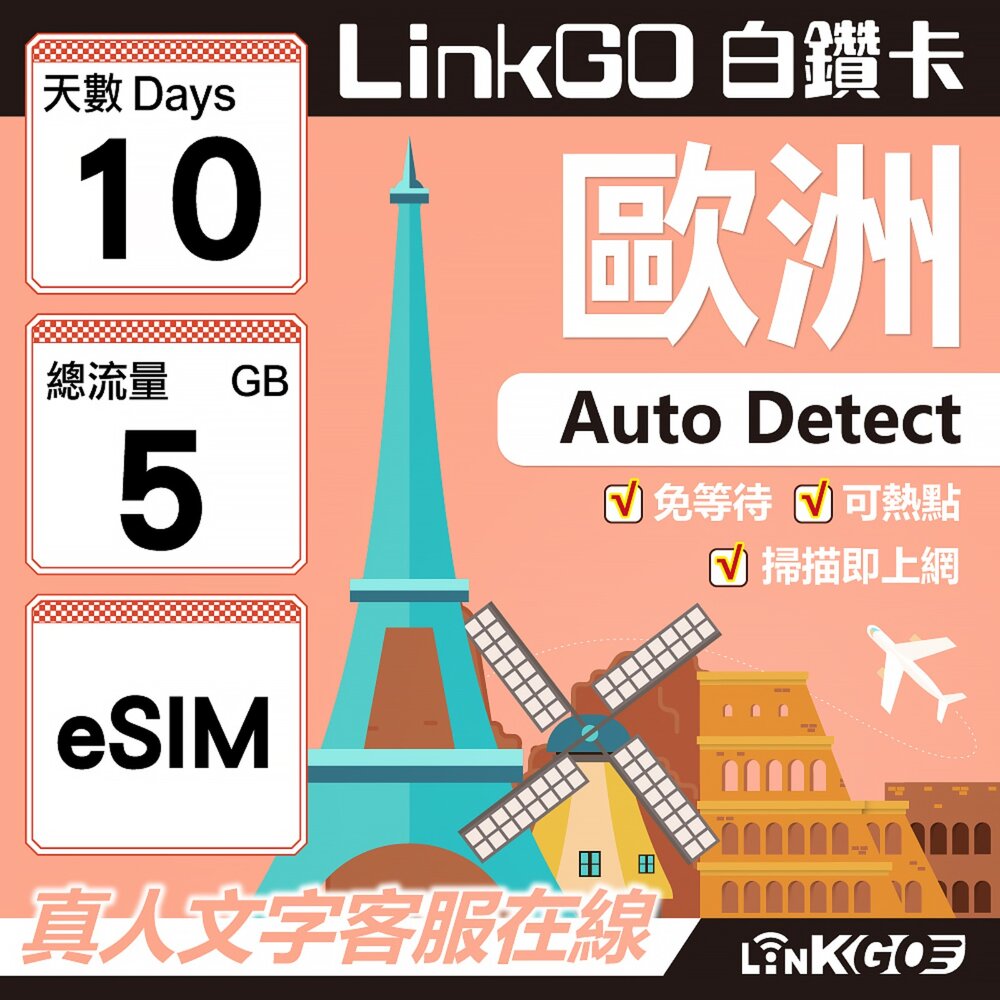 11190010-【LINKGO】白鑽卡 歐洲 BICS eSIM卡 10天上網卡 總流量5GB (歐洲網卡 西班牙 德國 奧地利 英國)