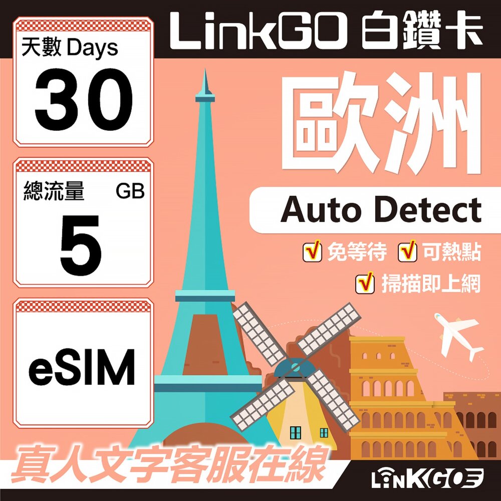 11190030-【LINKGO】白鑽卡 歐洲 BICS eSIM卡 30天上網卡 總流量5GB (歐洲網卡 西班牙 德國 奧地利 英國)