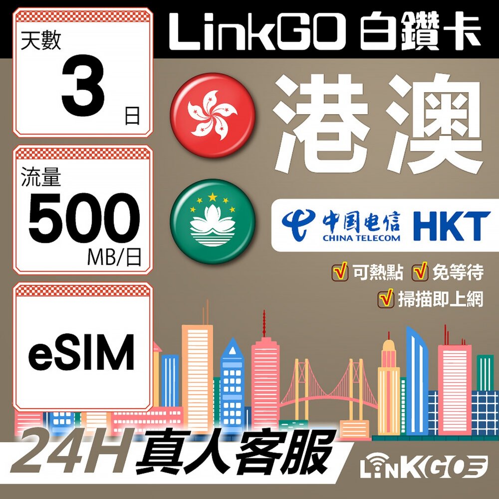 【LINKGO】白鑽卡港澳eSIM卡3天上網卡每日500MB雙電信高速流量(港澳網卡香港澳門虛擬卡)