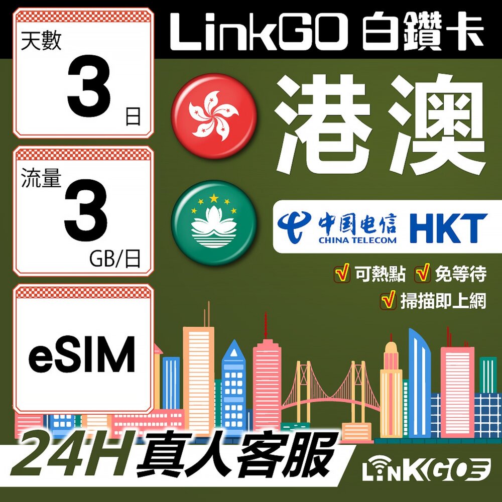 【LINKGO】白鑽卡 港澳 eSIM卡 3天上網卡 每日3GB 雙電信 高速流量(港澳網卡 香港 澳門 虛擬卡) 封面照片