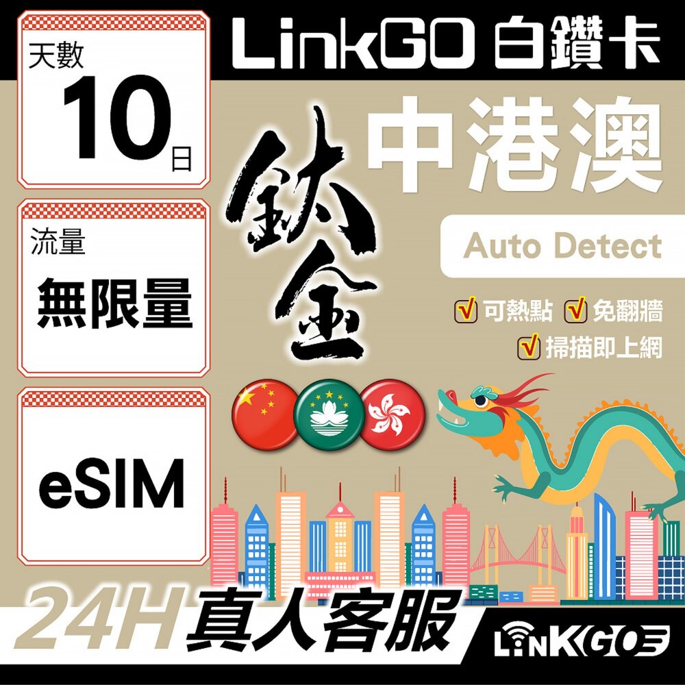 8380010-【LINKGO】白鑽卡 中港澳 eSIM卡 10天鈦金吃到飽 不降速 高速流量 免翻牆可熱點(中港澳網卡 中國 大陸 香