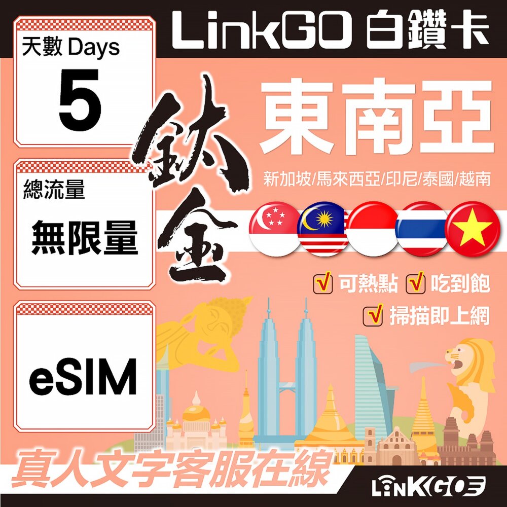 8390005-【LinkGO】白鑽卡 新馬印泰越 eSIM卡 5天鈦金款吃到飽 不降速(東南亞網卡 新加坡 馬來西亞 泰國 印尼 越南