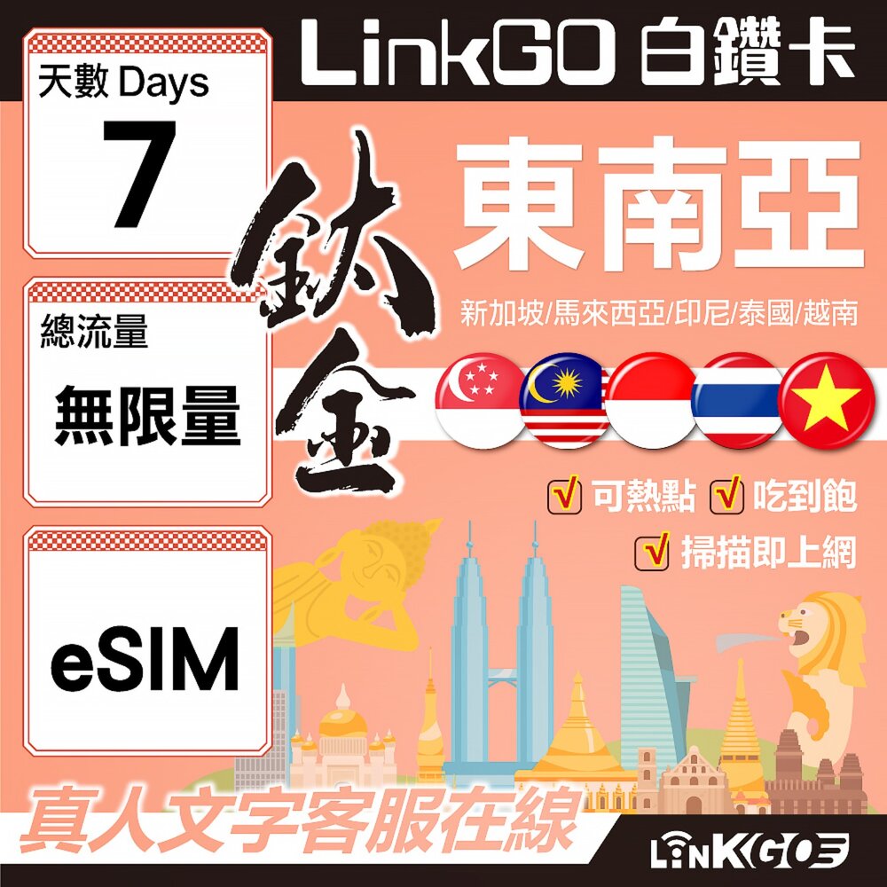 8390007-【LinkGO】白鑽卡 新馬印泰越 eSIM卡 7天鈦金款吃到飽 不降速(東南亞網卡 新加坡 馬來西亞 泰國 印尼 越南