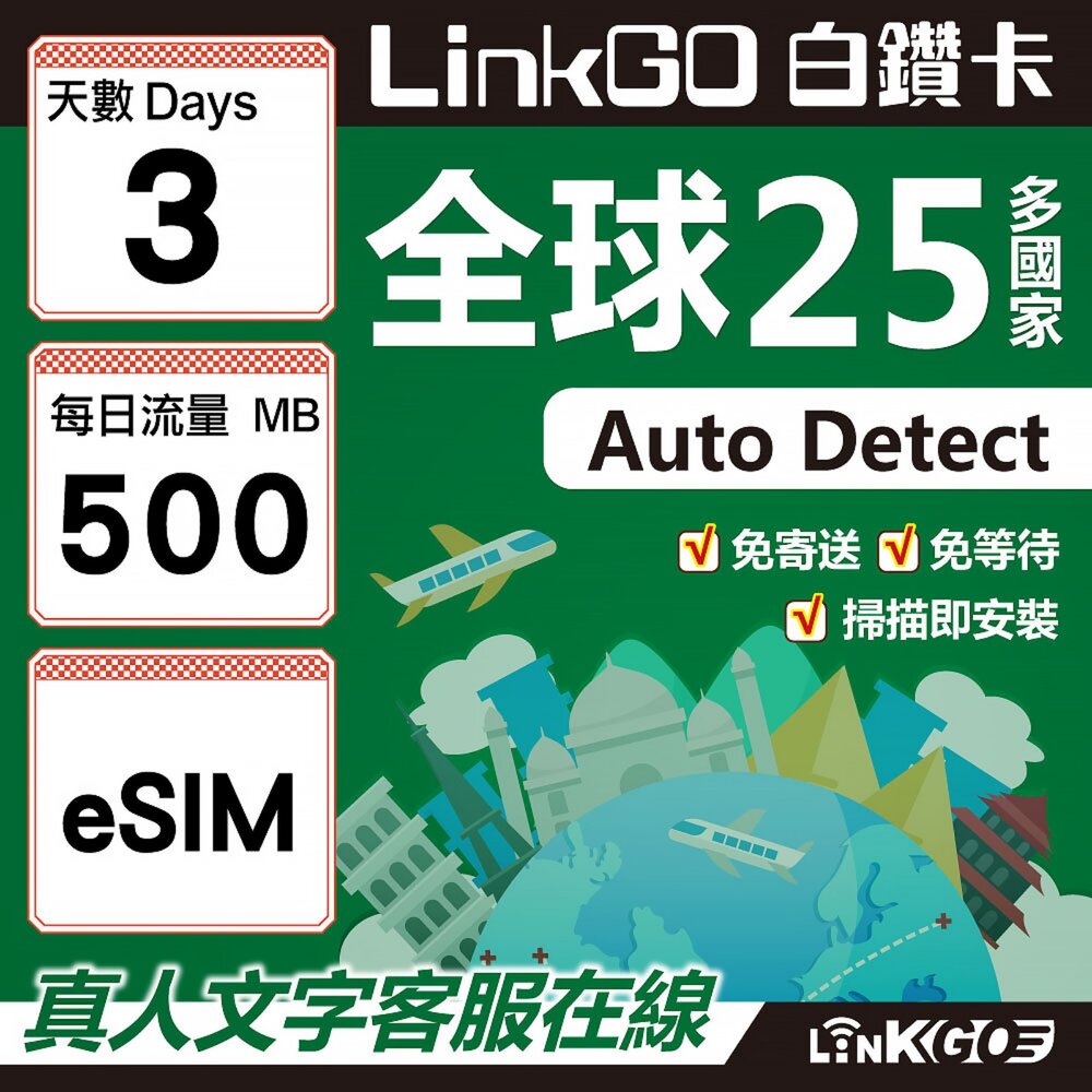 9390003-【LINKGO】白鑽卡 全球25國 eSIM卡 3天上網卡 每日500MB(全球網卡 亞洲 歐洲 美洲 大洋洲 非洲)