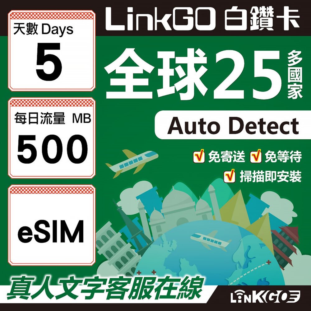 9390005-【LINKGO】白鑽卡 全球25國 eSIM卡 5天上網卡 每日500MB(全球網卡 亞洲 歐洲 美洲 大洋洲 非洲)