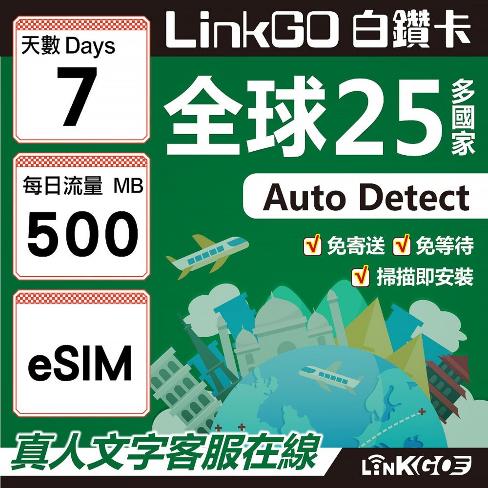 9390007-【LINKGO】白鑽卡 全球25國 eSIM卡 7天上網卡 每日500MB(全球網卡 亞洲 歐洲 美洲 大洋洲 非洲)