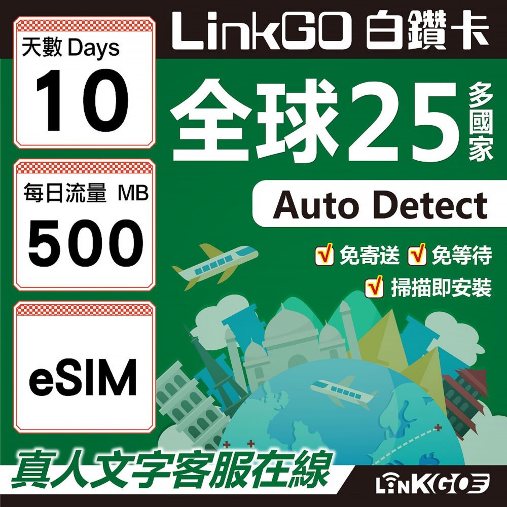 9390010-【LINKGO】白鑽卡 全球25國 eSIM卡 10天上網卡 每日500MB(全球網卡 亞洲 歐洲 美洲 大洋洲 非洲)