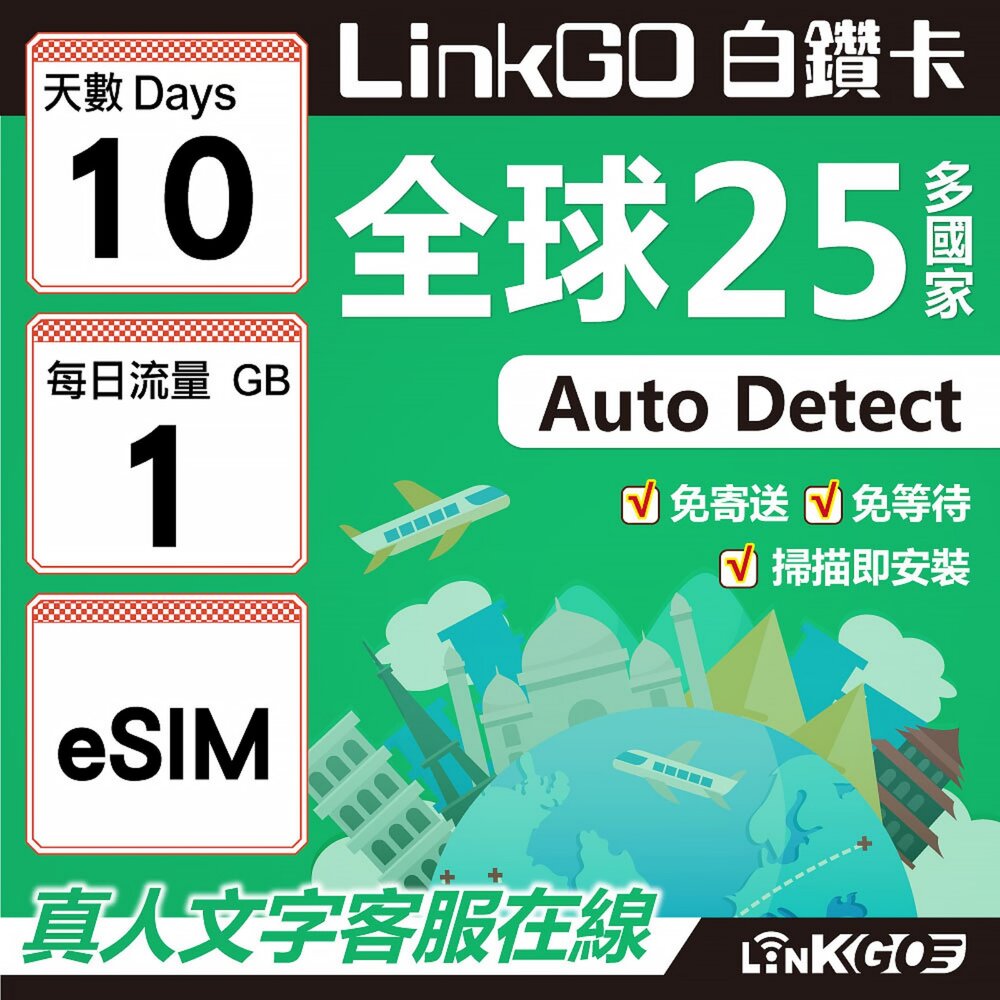 9400010-【LINKGO】白鑽卡 全球25國 eSIM卡 10天上網卡 每日1GB(全球網卡 亞洲 歐洲 美洲 大洋洲 非洲)