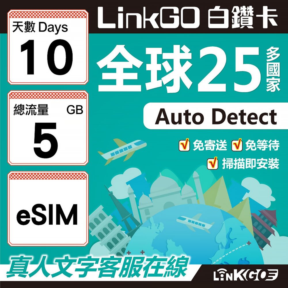 9410010-【LINKGO】白鑽卡 全球25國 eSIM卡 10天上網卡 總流量5GB(全球網卡 亞洲 歐洲 美洲 大洋洲 非洲)