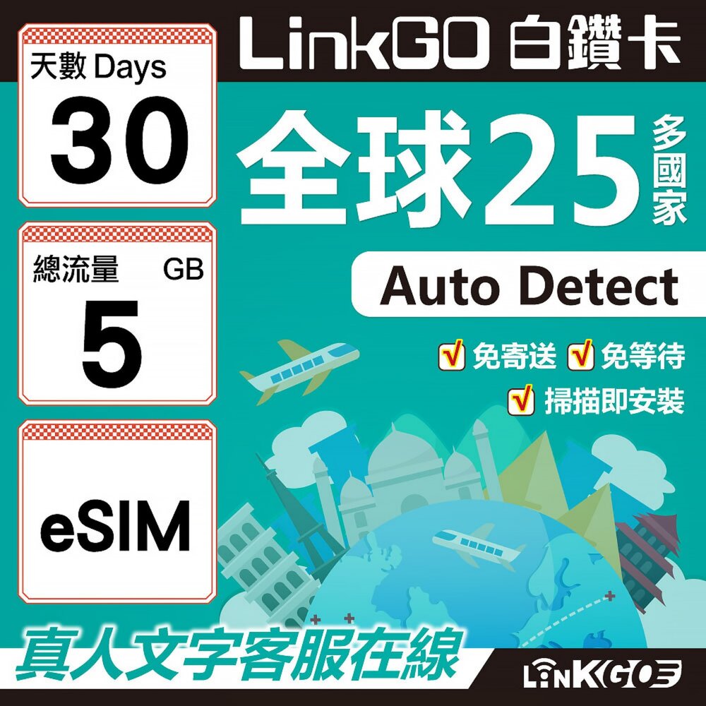 9410030-【LINKGO】白鑽卡 全球25國 eSIM卡 30天上網卡 總流量5GB(全球網卡 亞洲 歐洲 美洲 大洋洲 非洲)
