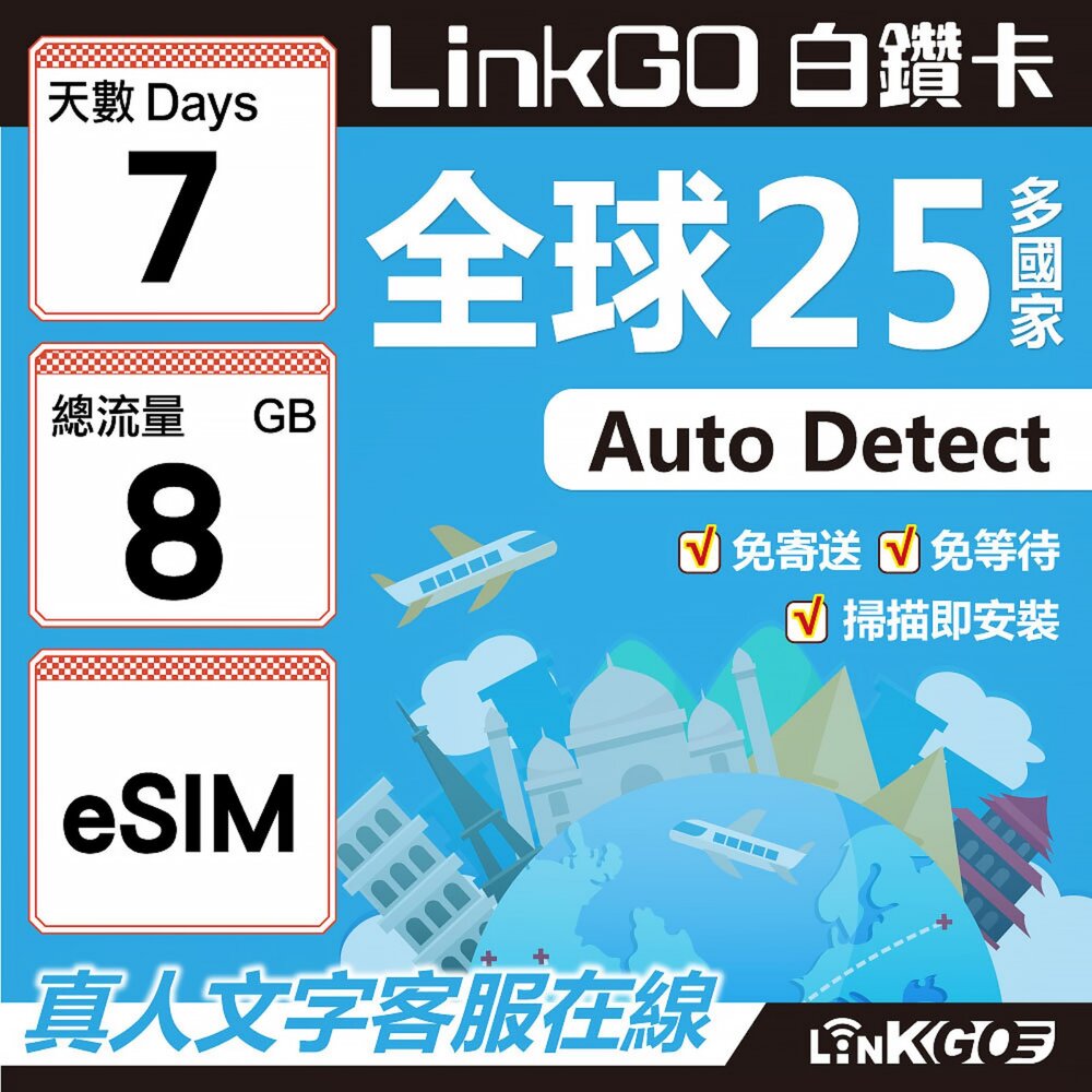 9420007-【LINKGO】白鑽卡 全球25國 eSIM卡 7天上網卡 總流量8GB(全球網卡 亞洲 歐洲 美洲 大洋洲 非洲)