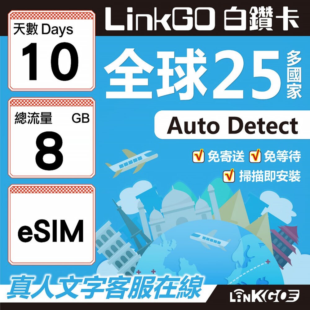 9420010-【LINKGO】白鑽卡 全球25國 eSIM卡 10天上網卡 總流量8GB(全球網卡 亞洲 歐洲 美洲 大洋洲 非洲)