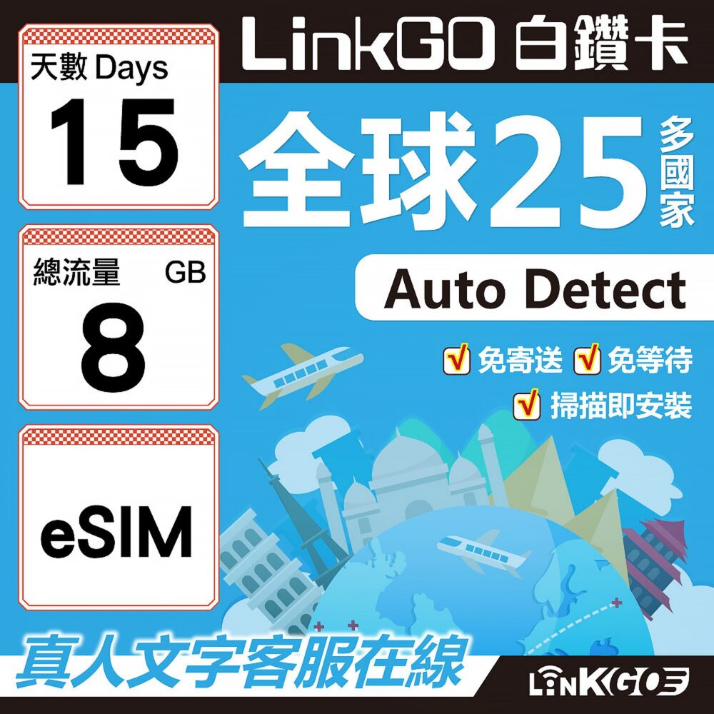 9420015-【LINKGO】白鑽卡 全球25國 eSIM卡 15天上網卡 總流量8GB(全球網卡 亞洲 歐洲 美洲 大洋洲 非洲)