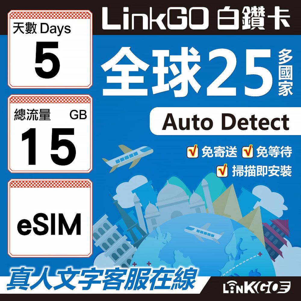 9430005-【LINKGO】白鑽卡 全球25國 eSIM卡 5天上網卡 總流量15GB(全球網卡 亞洲 歐洲 美洲 大洋洲 非洲)