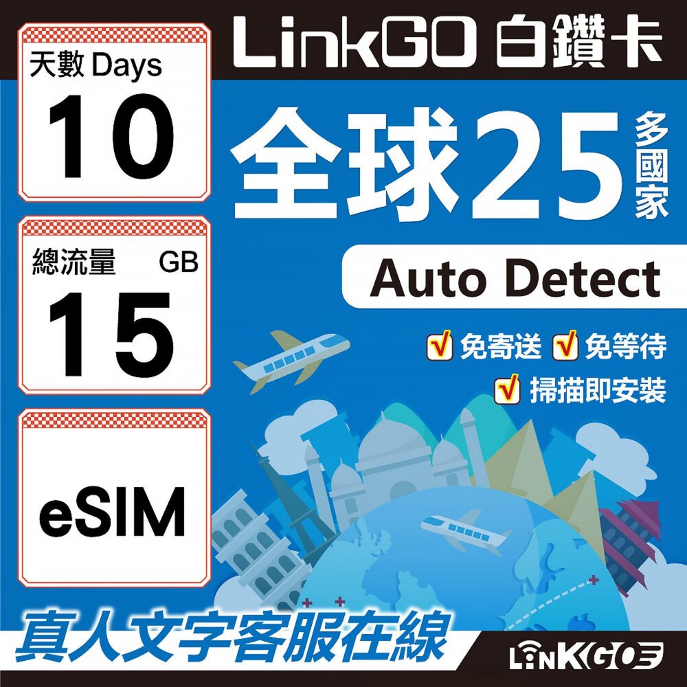 9430010-【LINKGO】白鑽卡 全球25國 eSIM卡 10天上網卡 總流量15GB(全球網卡 亞洲 歐洲 美洲 大洋洲 非洲)