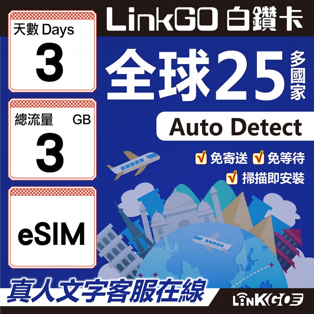 9630003-【LINKGO】白鑽卡 全球25國 eSIM卡 3天上網卡 總流量3GB(全球網卡 亞洲 歐洲 美洲 大洋洲 非洲)
