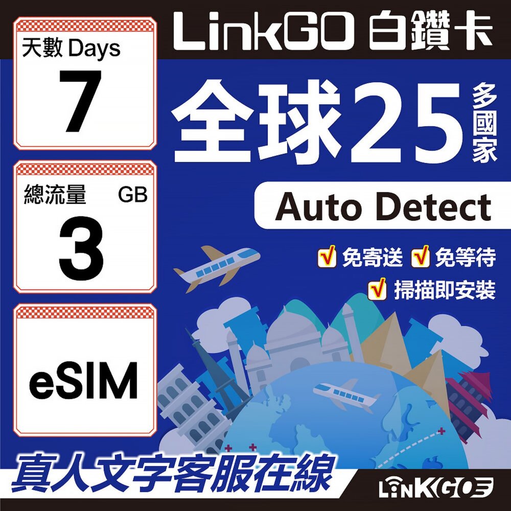 9630007-【LINKGO】白鑽卡 全球25國 eSIM卡 7天上網卡 總流量3GB(全球網卡 亞洲 歐洲 美洲 大洋洲 非洲)
