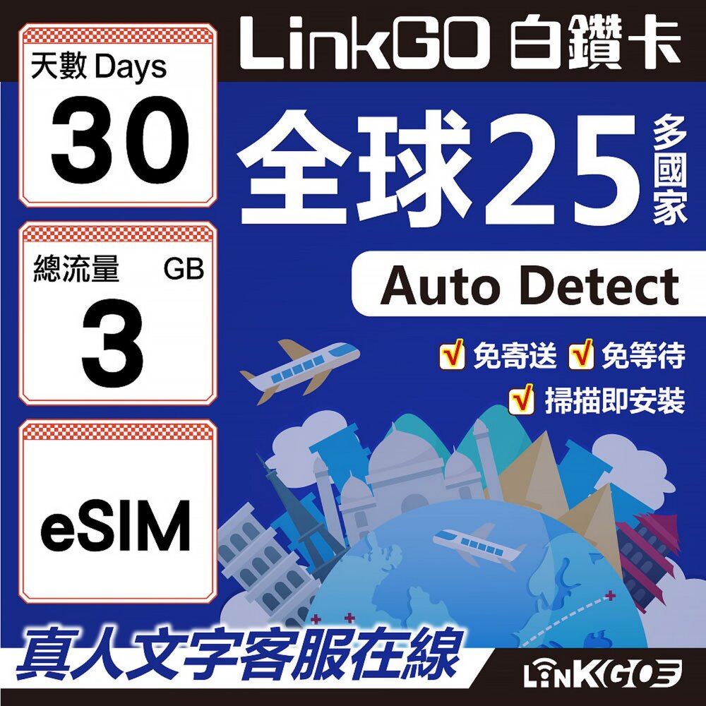 9630030-【LINKGO】白鑽卡 全球25國 eSIM卡 30天上網卡 總流量3GB(全球網卡 亞洲 歐洲 美洲 大洋洲 非洲)