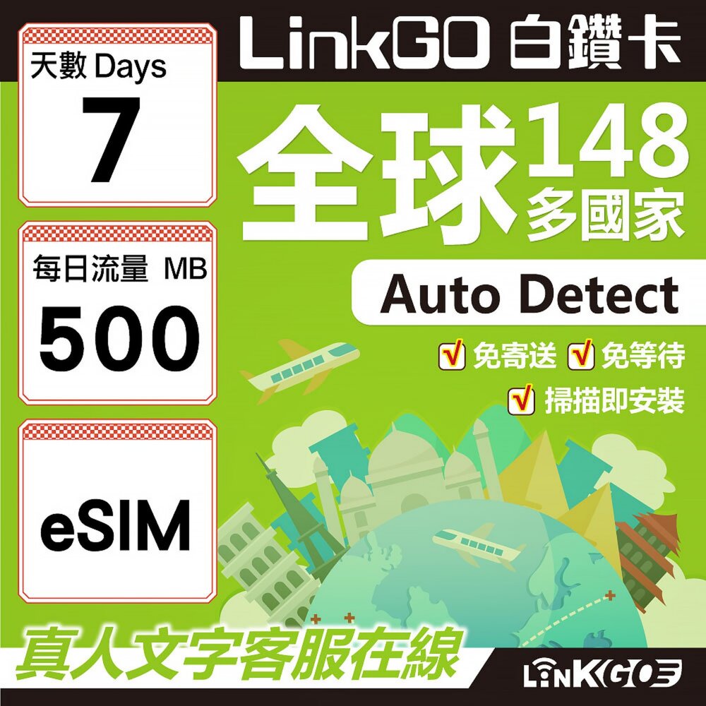CMI773-【LINKGO】白鑽卡 CMI 全球148國 eSIM卡 7天上網卡 每日500MB(全球網卡 亞洲 歐洲 美洲 大洋洲