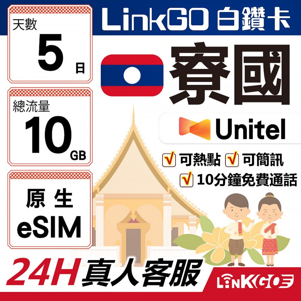 LA10GB05-【LinkGO】白鑽卡 寮國原生 eSIM卡 Unitel電信 5天總流量10GB(寮國網卡 可當地通話接聽免費收簡訊