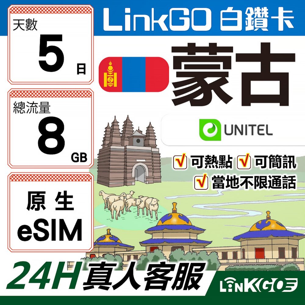 MG8G05-【LinkGO】白鑽卡 蒙古原生 eSIM卡 Unitel電信 5天總流量8GB(蒙古網卡 可當地通話收簡訊 虛擬卡)