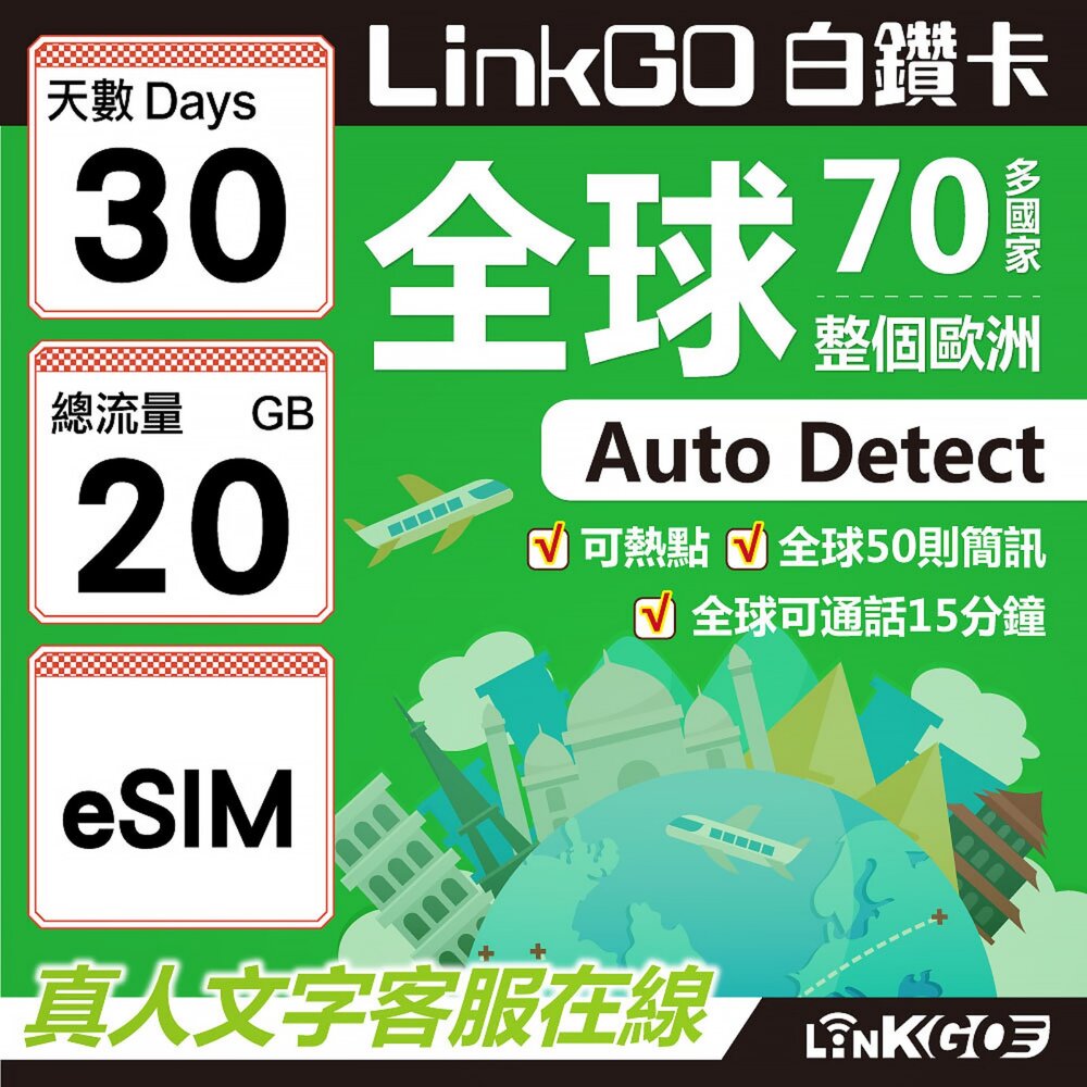 orangewld-【LINKGO】白鑽卡 Orange Holiday World 全球多國 eSIM卡 30天上網卡 總流量20GB(全