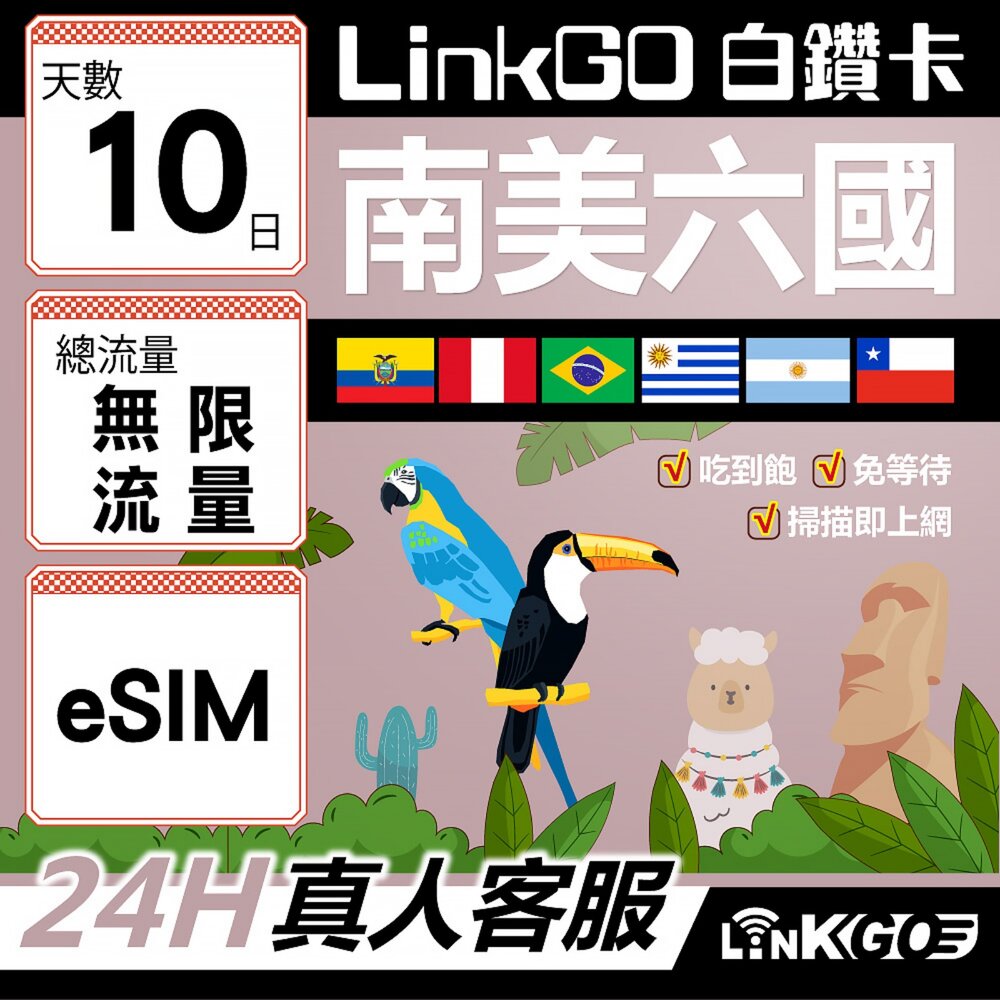 wm02500010-【LINKGO】白鑽卡 南美洲六國 eSIM卡 10天無限流量 吃到飽不降速(南美洲網卡 巴西 阿根廷 智利 厄瓜多爾