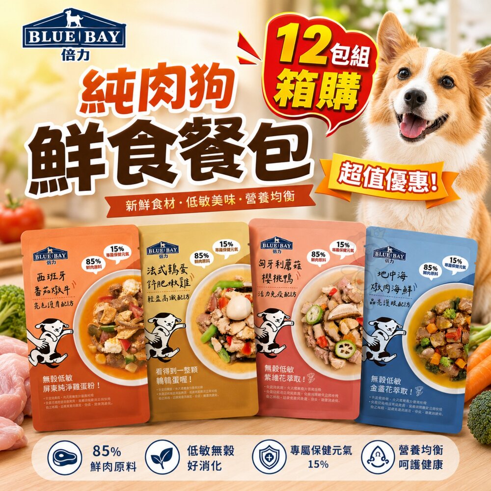 03010121401-BLUEBAY 倍力 純肉狗鮮食餐包 JUMBO系列【12包組】150g 機能餐包 鮮食餐包 鮮肉 狗餐包