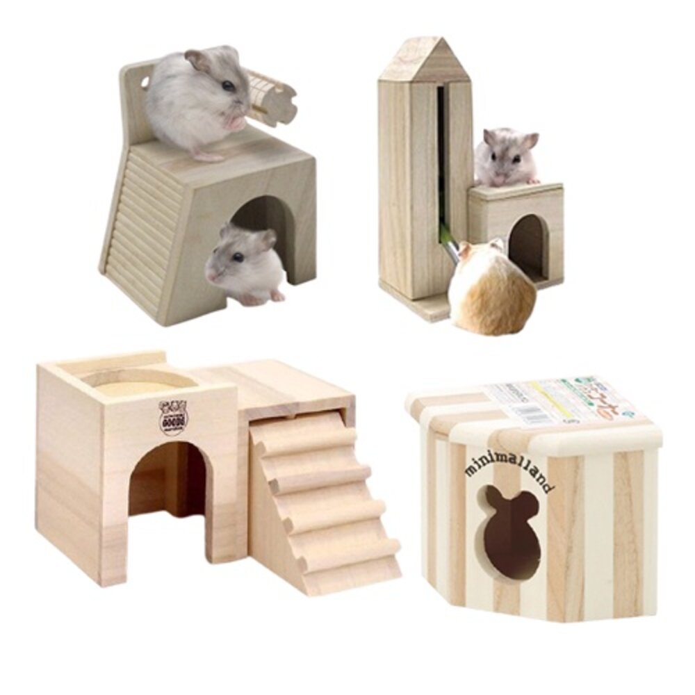 1031844231-MARUKAN 鼠屋 城堡餐廳 小木屋 屋型飲水架 舒適屋附磨牙玩具座 木製組裝式套房『WANG』