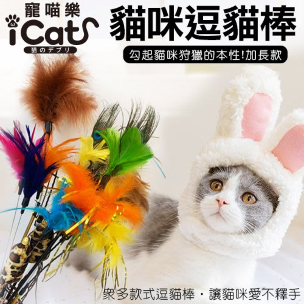 icat 寵喵樂 貓咪逗貓棒 彩色羽毛| 彩帶流蘇| 豹紋款 逗貓棒 不挑顏色 隨機出貨『WANG』-圖片-2