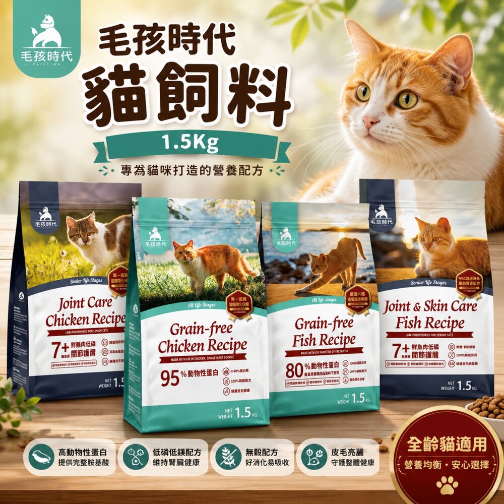 13276302840-毛孩時代 貓飼料 1.5Kg 80% 85%鮮肉無穀全貓糧 7+熟齡貓鮮肉低磷關節貓糧 貓主食 貓乾糧『WANG』